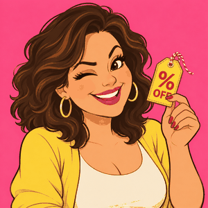 Ilustração da amiga do grupo piscando e segurando uma etiqueta de desconto